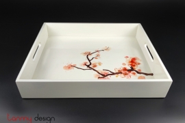 White rectangle lacquer tray hand-painted with peach blossom 30*36 cm